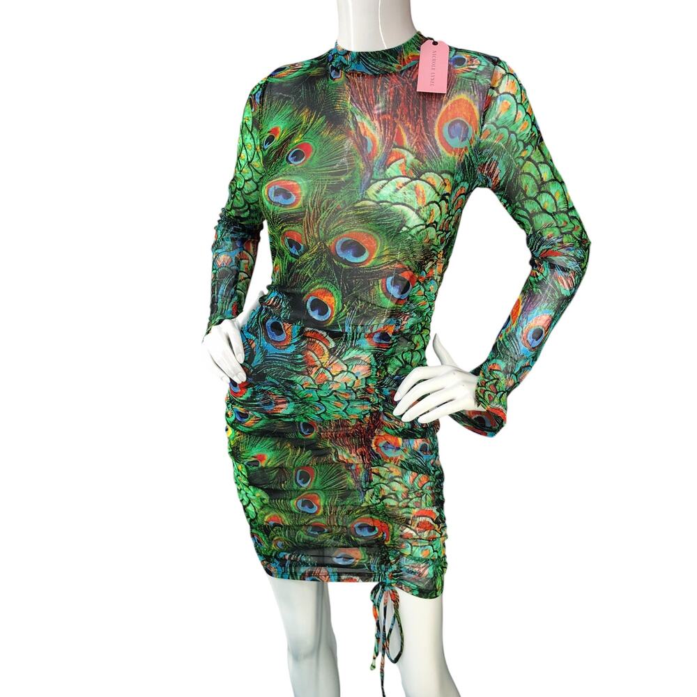 Nichole Lynel Womens Size S Peacock Bodycon Dress Ruched Sheer Long Sleeve NEW